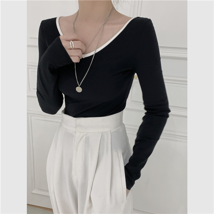 Real shot spring color contrast V-Neck long sleeve bottomed shirt slim open back versatile fashion T-shirt girl