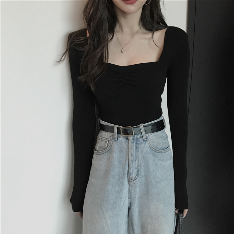 Real shot new sexy exposed collared T-shirt with pleated inside and long sleeve top