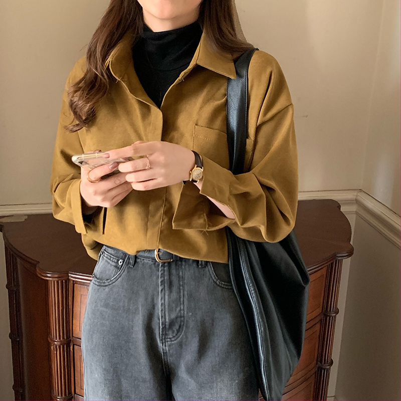 Real shot Korean retro stitching color contrast high collar fake two shirts for women's thin versatile top