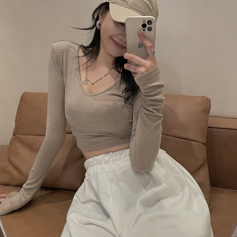 Real shot spring new slim high waist short open navel T-shirt V-neck Khaki shoulder pad long sleeve top