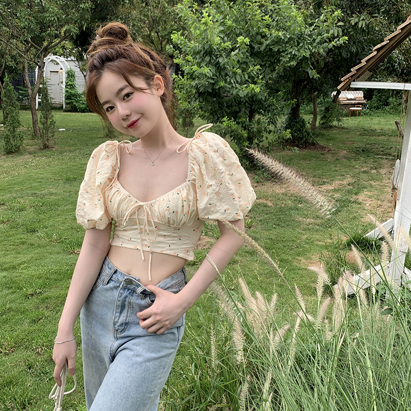 Real photo foreign style minority lace up shirt women's slim short square collar floral short sleeve