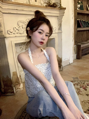 Real photo personalized stitching auricular edge pleated suspender women's slim short floral Halter vest