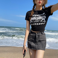 Real shot new ins fashion color contrast printing short T slim open navel versatile short sleeve shirt