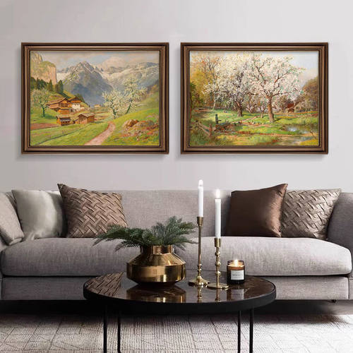 美式餐厅装饰画高级感仿油画山水风景挂画欧式客厅背景墙复古壁画