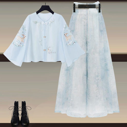 新中式国风穿搭一整套女2025春季改良汉服上衣配显瘦阔腿裤两件套