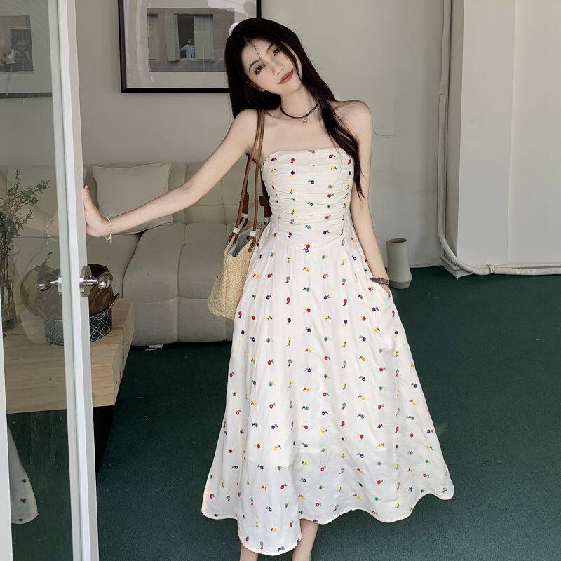 海边度假风小个子连衣裙女夏季收腰显瘦长裙抹胸裙设计感小众裙子图片