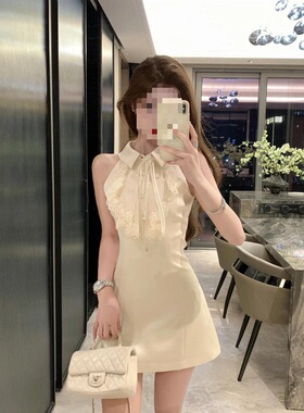 夏季高级感名媛重工蕾丝花边无袖公主裙贵气轻奢露肩