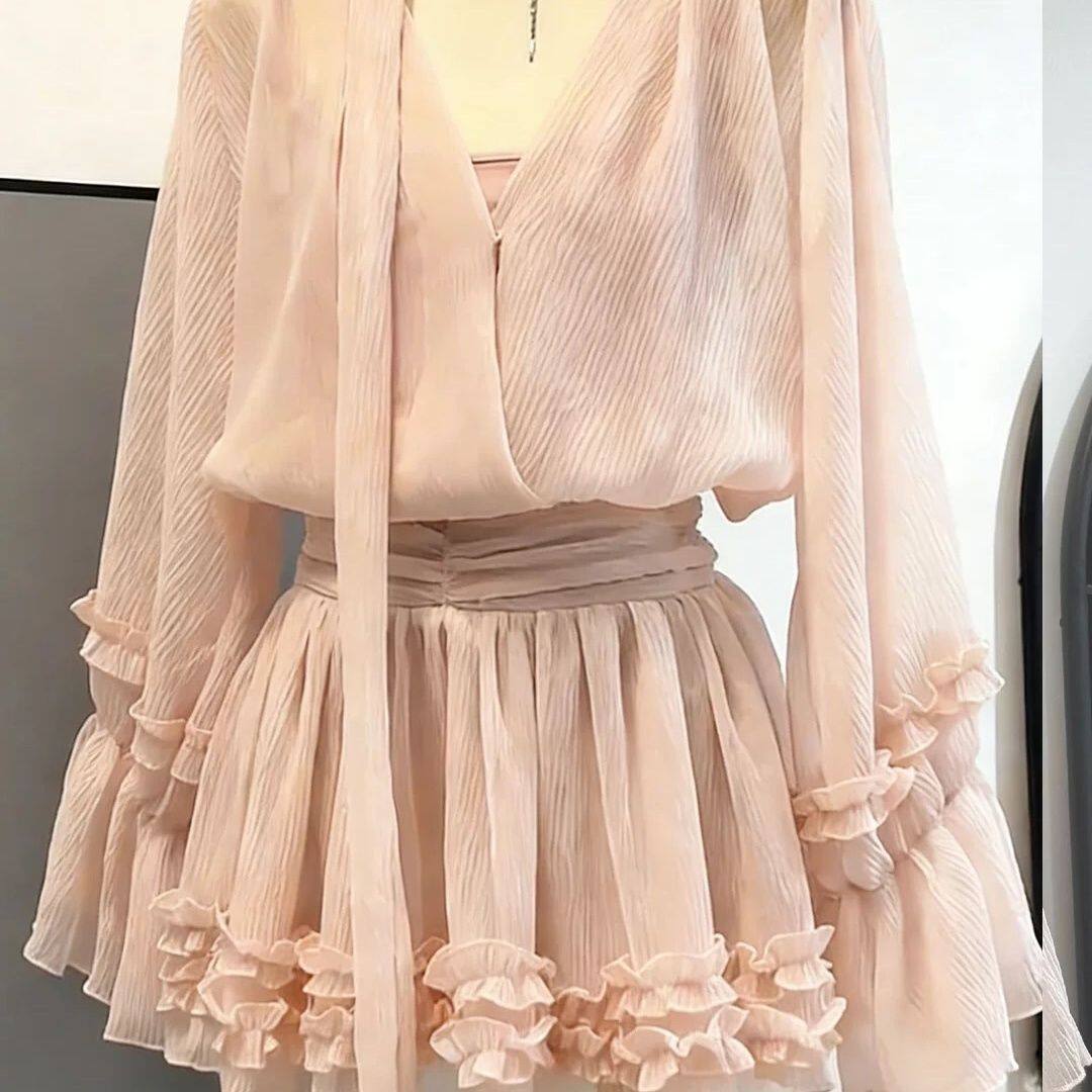 春装巨好看的韩系领荷叶边粉色连衣裙收腰显瘦小个子茶歇短裙子