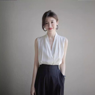 衬衣挂脖纯色上衣 内搭醋酸无袖 缎面仿真丝v领吊带背心女夏季 西装