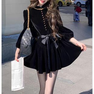伯拉德千金 赫本风黑色丝绒长袖连衣裙秋季2025新款短款A字裙女装