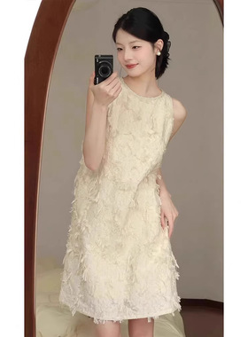 法式小香风圆领无袖连衣裙女短款显高百搭精致背心裙子