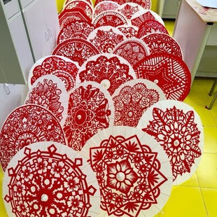 新款工艺伞白纸伞非遗剪纸幼儿园环创剪纸艺术团花Diy剪纸绸布伞