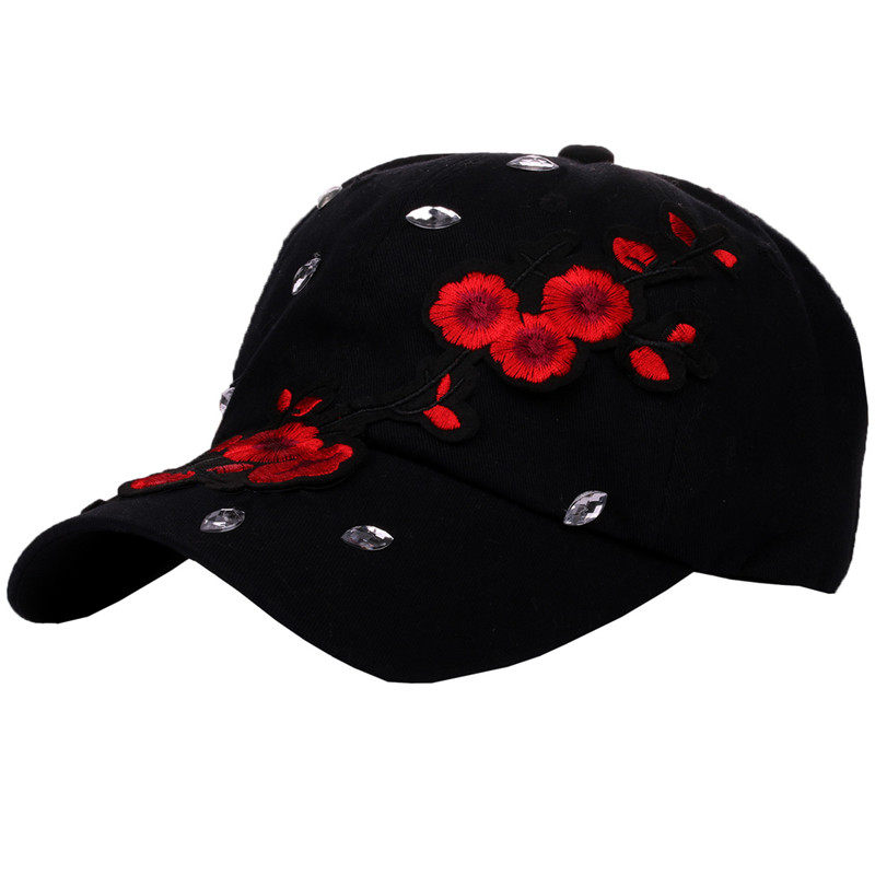 2018新款女士帽子纯棉点钻梅花棒球帽鸭舌帽