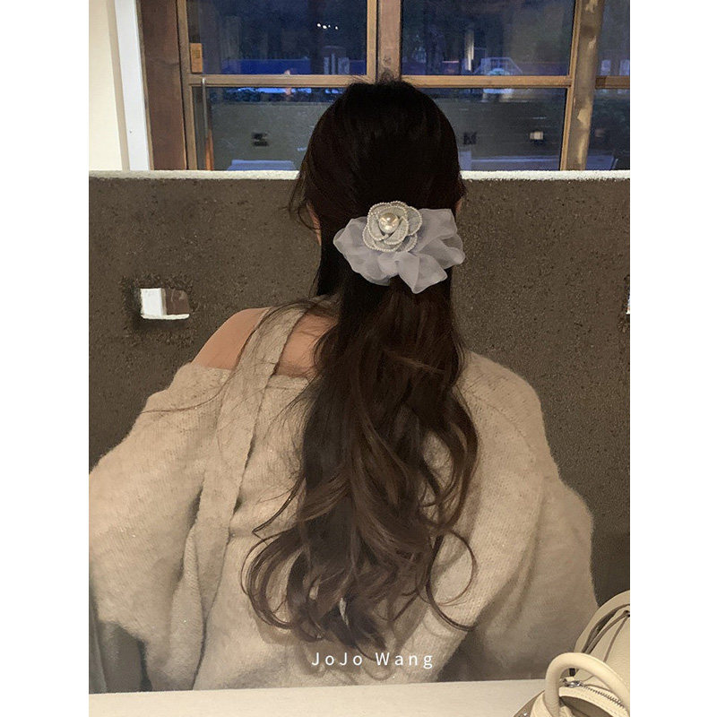 特别的蓝色小香~法式珍珠山茶花欧根纱抓夹简约发抓发饰头饰发圈