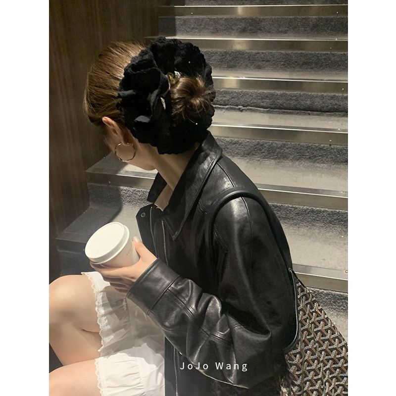 印花朵~黑色蕾丝高级大肠发圈