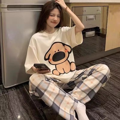 【清仓福利】睡衣女薄款圆领短袖长裤卡通家居服套装ld