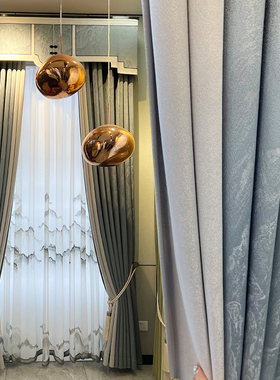 高档新中式蓝灰色高精密提花拼接窗帘客厅茶室卧室防晒遮光窗帘