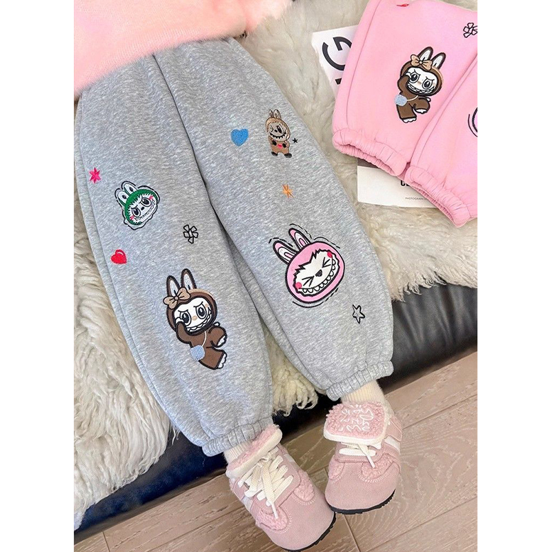 女童加绒加厚运动裤拉布布绣花休闲裤宽松百搭卫裤冬新款保暖长裤