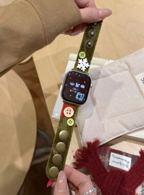 圣诞卡通纽扣款创意绒面表带适用于s9苹果手表带iwatch8765SE女款