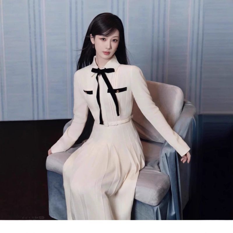 无恙 2025春季新品同款衣衬衫连衣裙百褶蝴蝶结长袖气质收腰长裙1