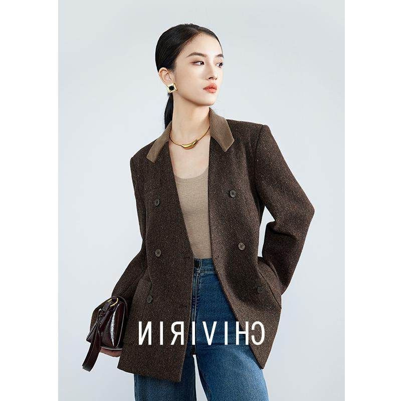 无恙 长袖v呢高级感显瘦羊毛2025外套小西装新款复古女撞色领秋季