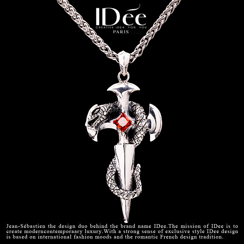法国IDee红宝石蛇银十字架吊坠男女时尚泰银项链纯银饰品嘻哈配饰