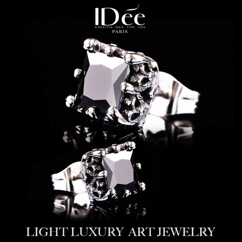 法国IDee黑宝石方形耳钉男女 时尚潮男 嘻哈耳坠银色潮牌耳饰