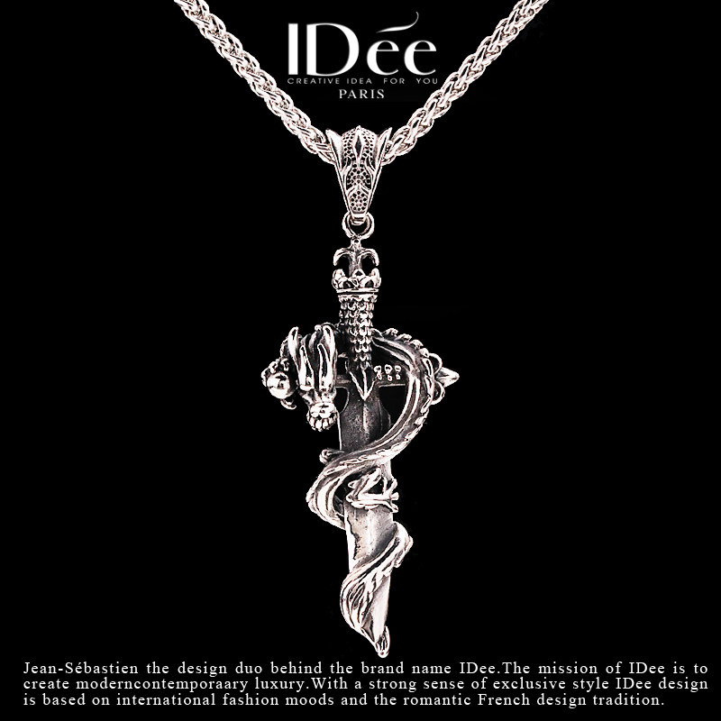 法国IDee盘龙十字架项链男时尚潮牌个性复古吊坠嘻哈饰品银色挂饰
