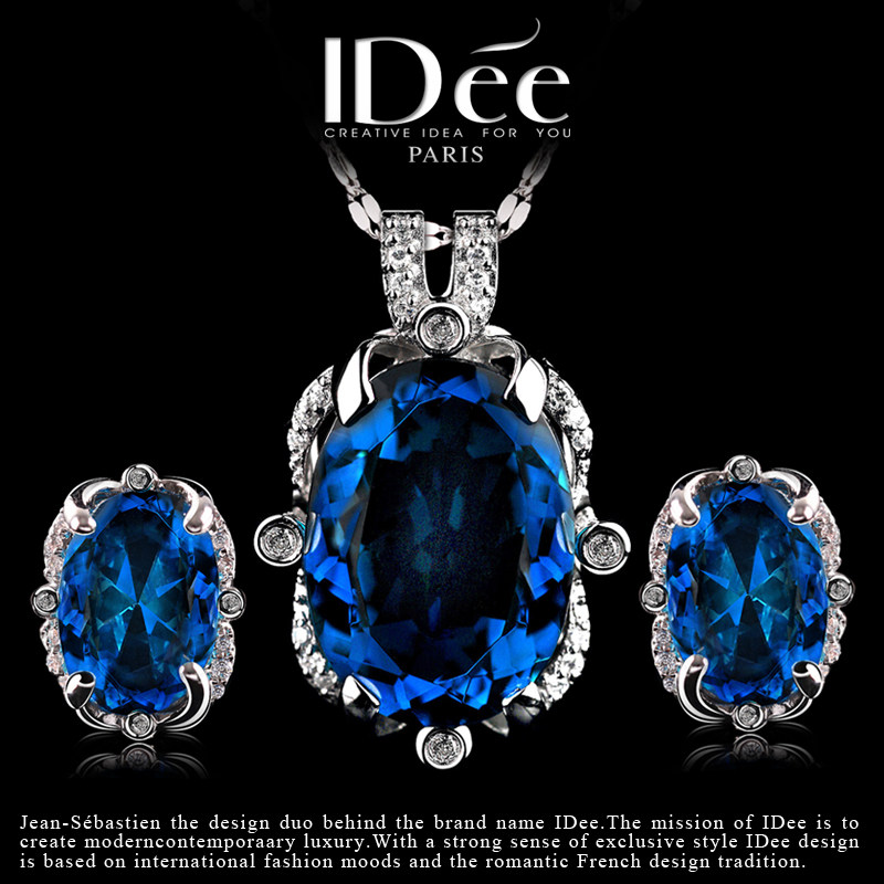 法国IDee蓝宝石925银项链首饰套装女水晶吊坠银饰品轻奢小众设计