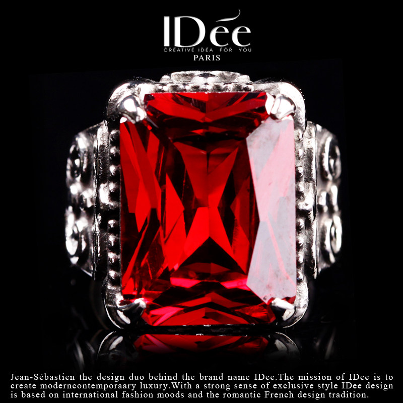 法国IDee红宝石戒指男潮食指戒夸张复古潮牌欧美个性机车银色饰品