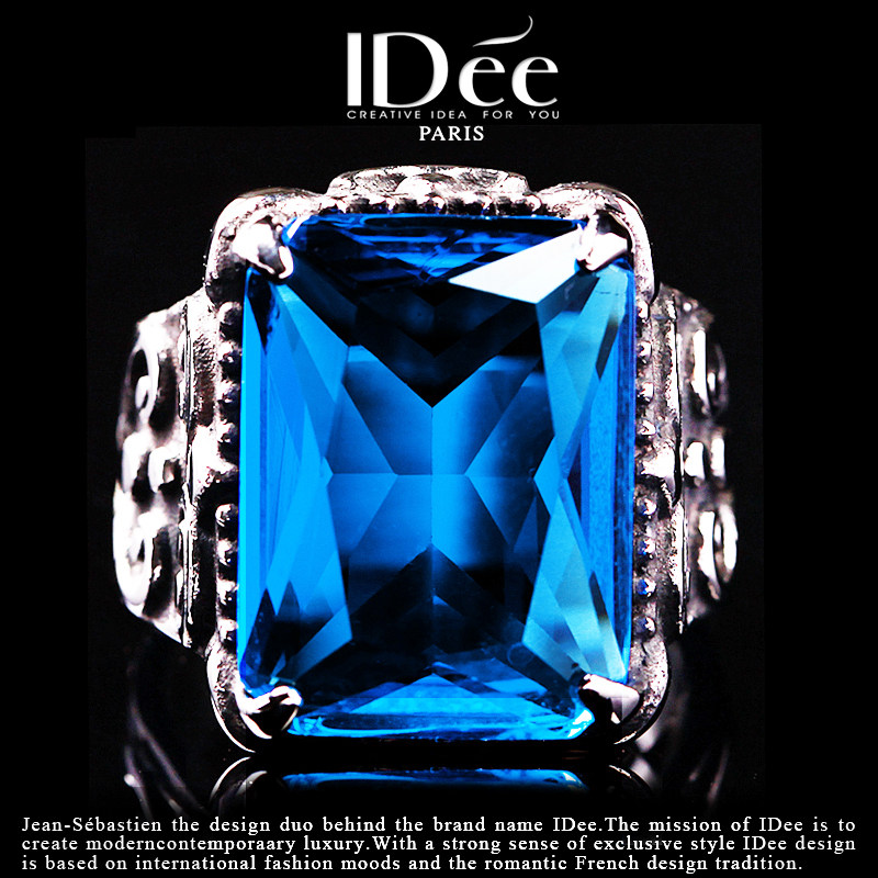 法国IDee蓝宝石戒指男潮牌 个性夸张食指环欧美嘻哈复古饰品配饰