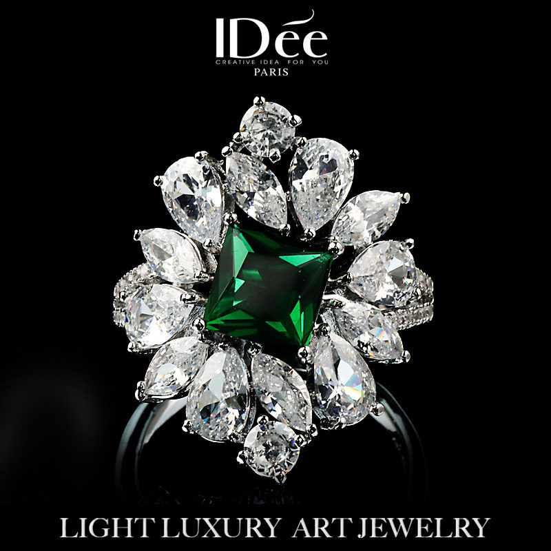 法国IDee辉映闪钻祖母绿宝石戒指女 潮牌轻奢气质设计感轻奢小众