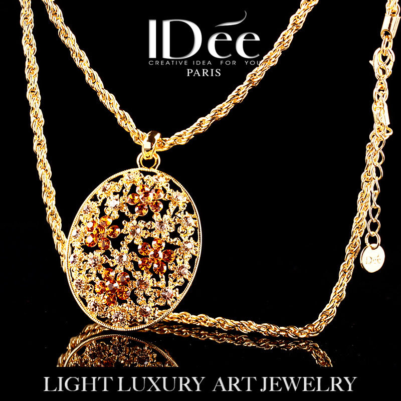 法国IDee花朵毛衣链项链女水晶吊坠长款时尚气质18K金色配饰潮牌