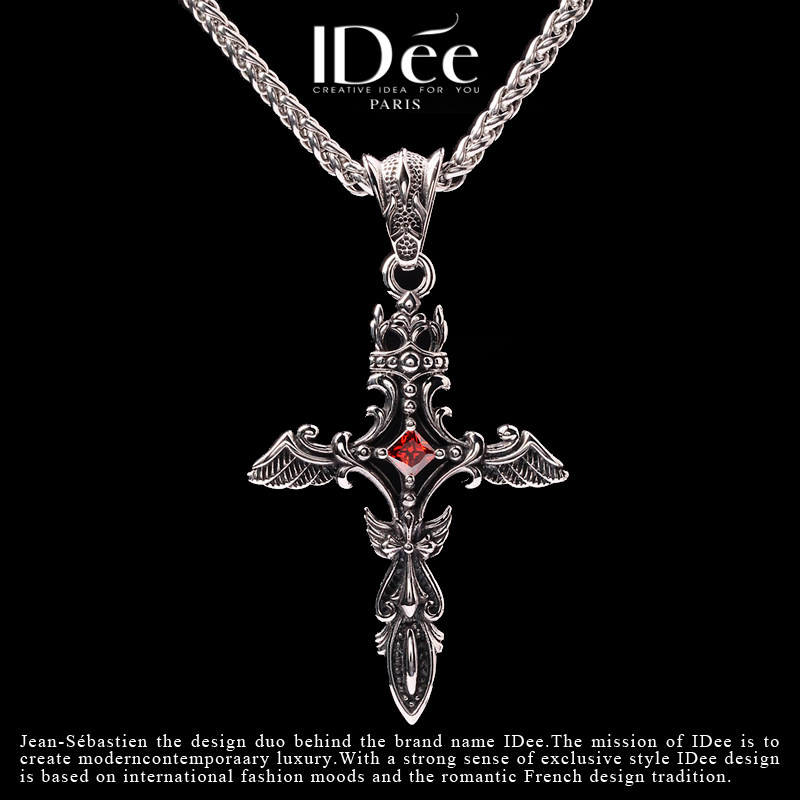 法国IDee红钻十字架项链男潮牌羽翼吊坠复古朋克挂坠个性银色饰品