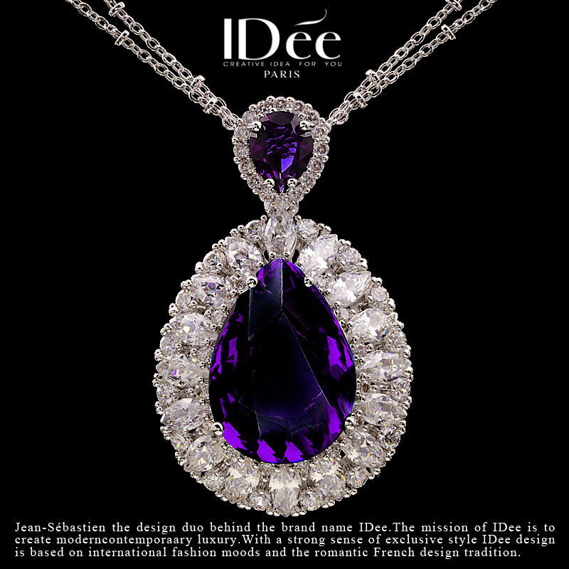法国IDee气质毛衣链秋冬长款紫水晶吊坠配饰时尚宝石项链吊坠挂件