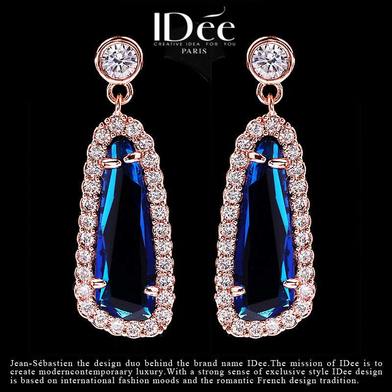 法国IDee时尚蓝宝石耳坠 时尚长耳环 海蓝宝夸张水晶耳饰气质饰品