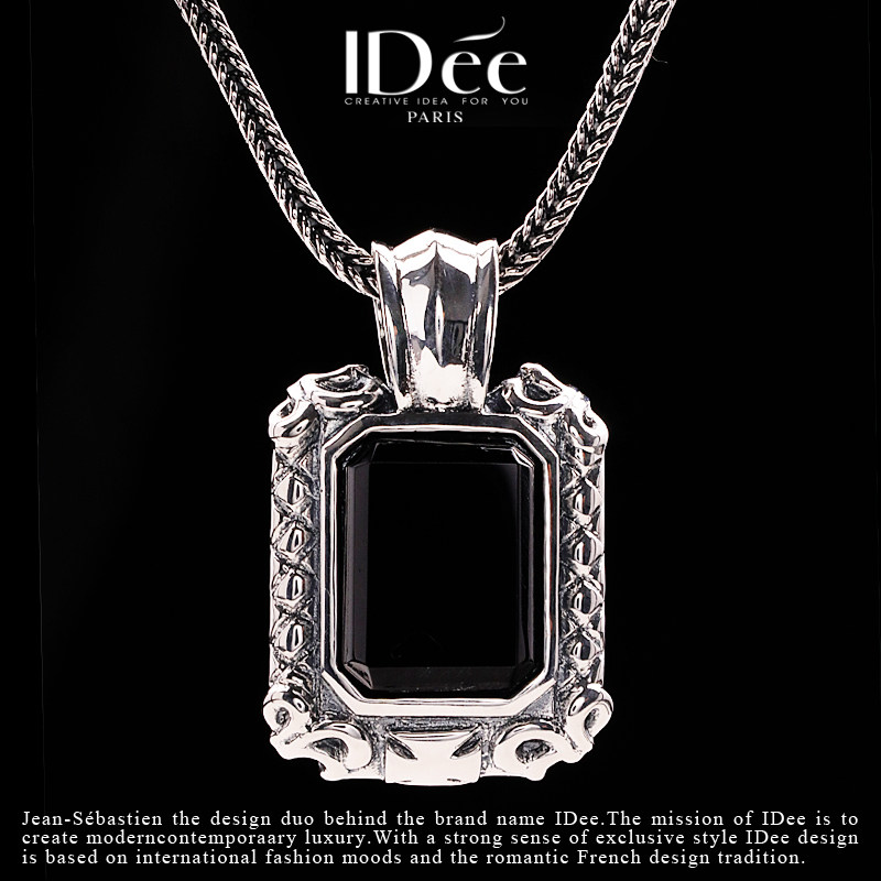 法国IDee黑宝石方牌纯银项链男 潮男泰银吊坠个性挂件高级感饰品