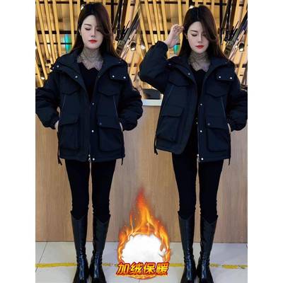 加绒加厚连帽冲锋衣女2025冬季新款宽松保暖工装棉服短款加厚外套
