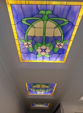 定做蓝色地中海Tiffany 雕刻钢化艺术玻璃小吊顶柜门芯灯罩蒂凡尼