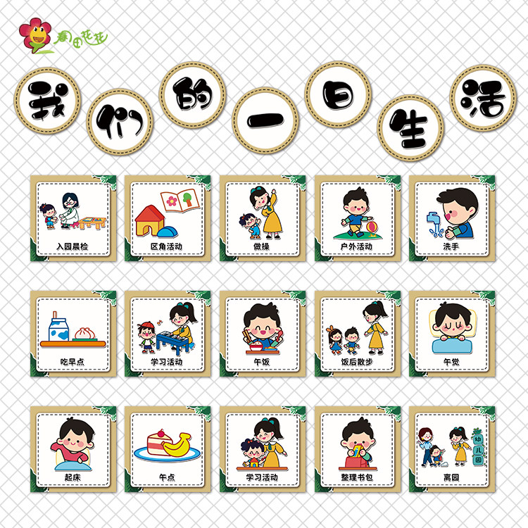 幼儿园一日生活流程图班级公约入离园五步骤问候语主题环创墙布置