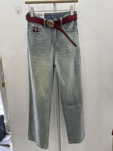 jeans 百搭显瘦直筒裤 aoao0126MV蓝色红笑脸阔腿牛仔裤 女春24新款