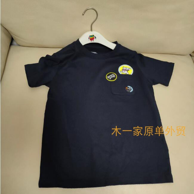 潮牌  夏季圆领纯棉深蓝色布贴刺绣款童装短袖T恤男童女童