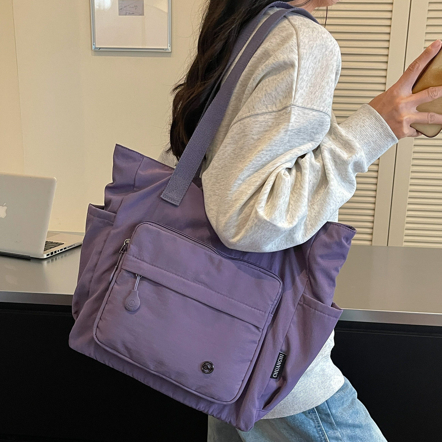 韩版新款简约休闲百搭布包单肩通勤托特包包女纯色手提包轻便大包