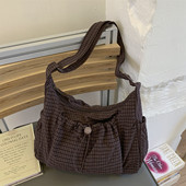 通勤韩系ins格子帆布包女大容量斜挎包2026新款 休闲上课包单肩包