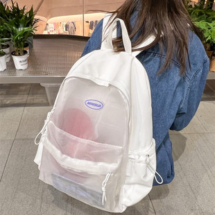 日系小众透明双肩包个性 书包网纱背包纯色潮流包包白色黑色2026新