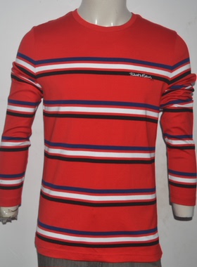 F+M男装秋冬圆领薄长袖T恤 上班间条t恤 商务休闲红色秋衣套头衫