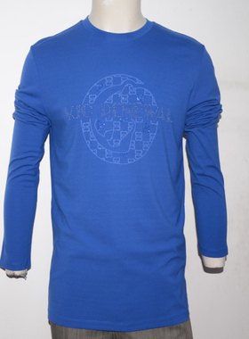 VJ男装秋冬长袖圆领T恤衫 烫钻印花t恤衫 潮牌舒适蓝色上衣套头衫