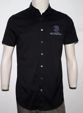 RIC男装夏翻领短袖衬衫 时尚字母印花开胸衫潮牌黑色弹力上衣衬衣