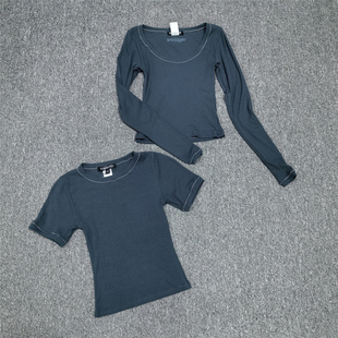 女T恤 短袖 弹力短款 复古修身 美式 刺绣低领打底衫 紧身辣妹显瘦长袖