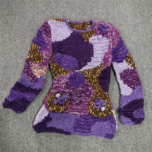 春款撞色复古针织圆领打底衫 尼泊尔风拼接粗线毛线长袖T恤衫百搭